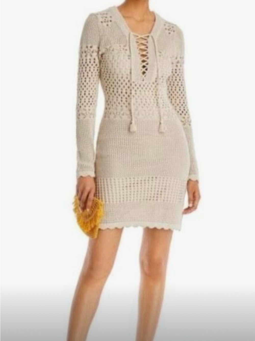 Aqua Beige Crochet Boho 70’s Resort Artesanal Tassel Long Sleeve Dress Large